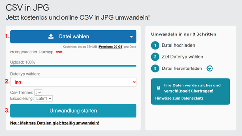 Anleitung CSV Dateien online in JPG konvertieren