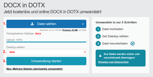 Anleitung DOCX Dateien online in DOTX konvertieren