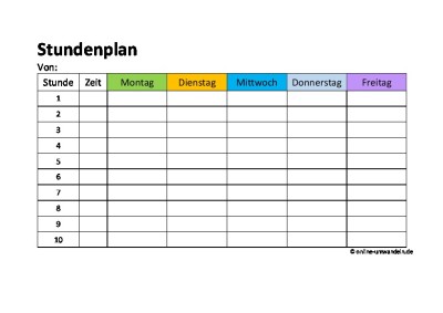 Stundenplan, A4 quer, bunt, 10 Stunden